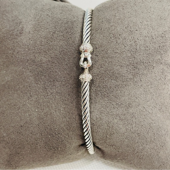 DAVID YURMAN 3mm Classic Cable Sterling Silver Diamond Buckle Bracelet Size S - Picture 5 of 10